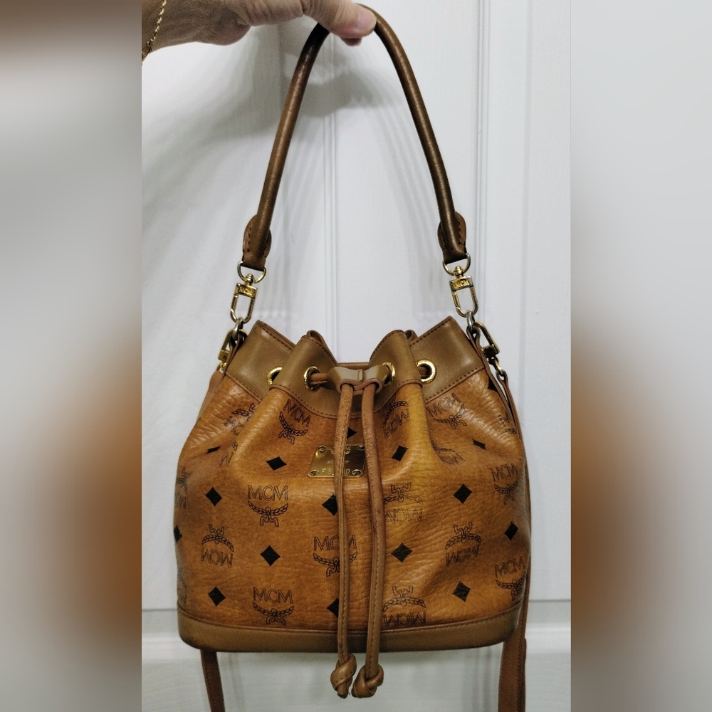 MCM Cognac Logo Drawstring Bucket Bag with Gold Hardware